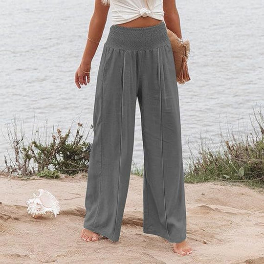 Damen weite und elegante Palazzo-Hose mit hohem Bund und Faltenwurf EB