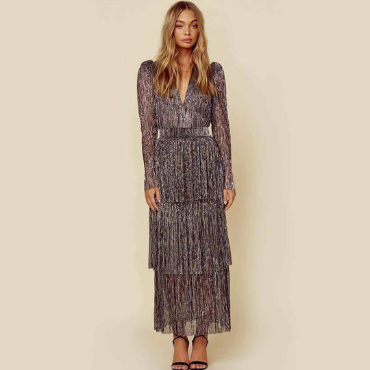 Damen Glamouröses Abendkleid mit schillernden Lagen und V-Ausschnitt EB