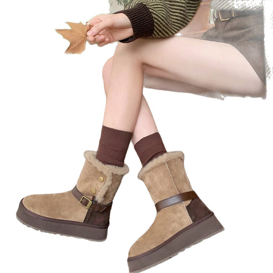 Damen modische Booties mit weichem Kunstfellkragen und praktischem Schnallenverschluss EB