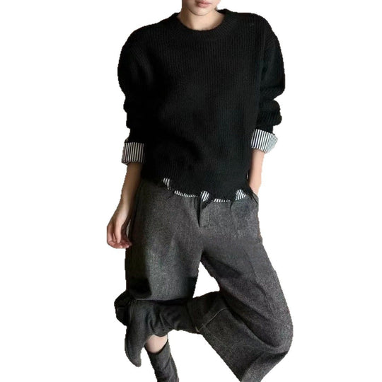 Damen Grob gestrickter Pullover mit einzigartigen Kontrastarmabschlüssen und lässigem Schnitt EB