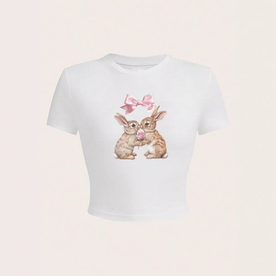 Damen Crop-Top mit entzückendem Kaninchenmotiv und Schleifendruck EB