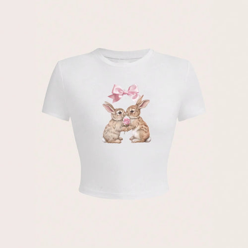 Damen Crop-Top mit entzückendem Kaninchenmotiv und Schleifendruck EB