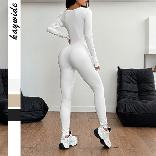 Damen nan sculptender Longsleeve-Bodycon Jumpsuit mit quadratischem Ausschnitt und formender Nahtführung EB