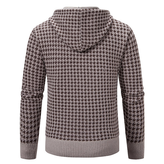 Herren gemütlicher Strickpullover mit modernem Karomuster und Kapuze EB