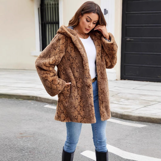 Damen Furry Parka mit Kapuze und elegantem Schnitt EB