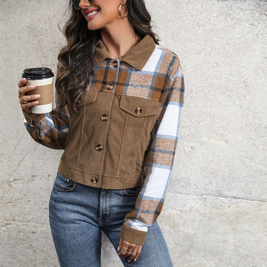 Damen Karo-Cordjacke im lässigen Cropped-Stil mit Brusttaschen EB