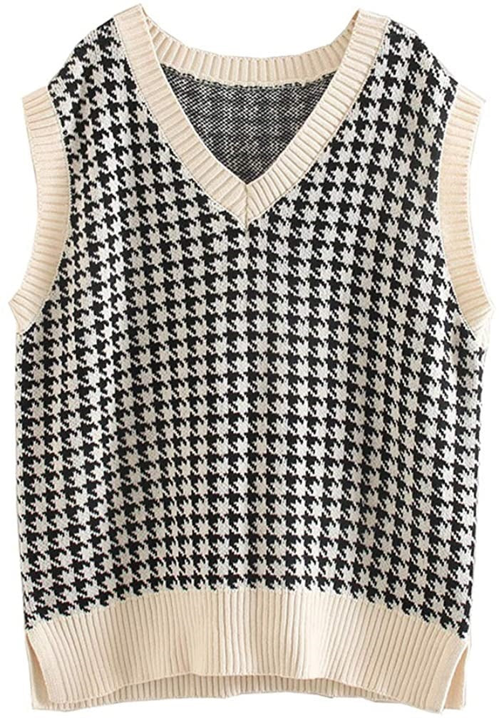 Damen ärmellose Strickweste mit modernem Hahnentrittmuster EB
