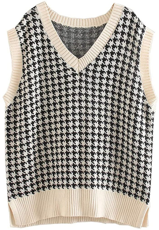 Damen ärmellose Strickweste mit modernem Hahnentrittmuster EB