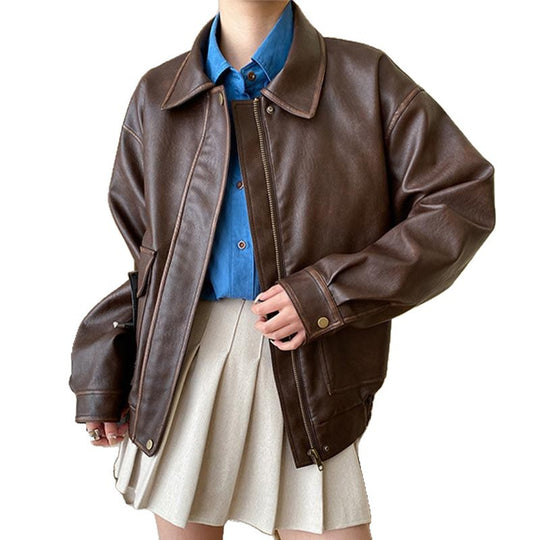 Damen Lässige Kunstlederjacke mit praktischen Taschen und elastischem Saum EB