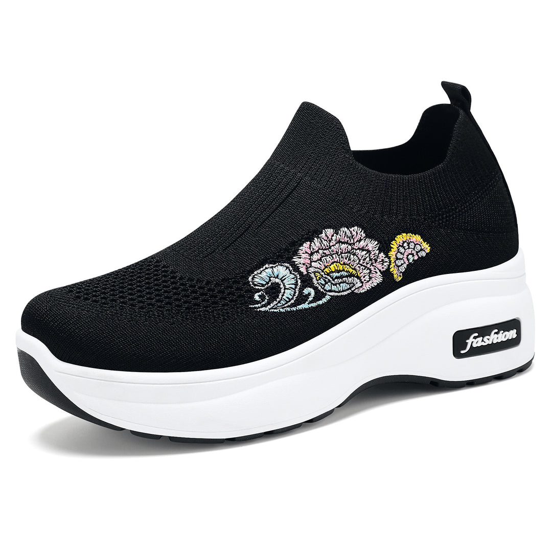 Damen nan elastischer Strick-Slipper mit aufgesticktem Blumenmotiv und stützender Keil-Laufsohle EB