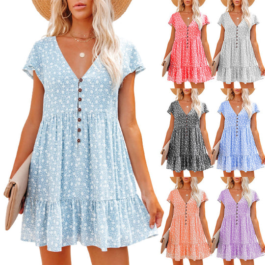 Damen Sommerkleid mit floralen Mustern und Knopfdetails EB