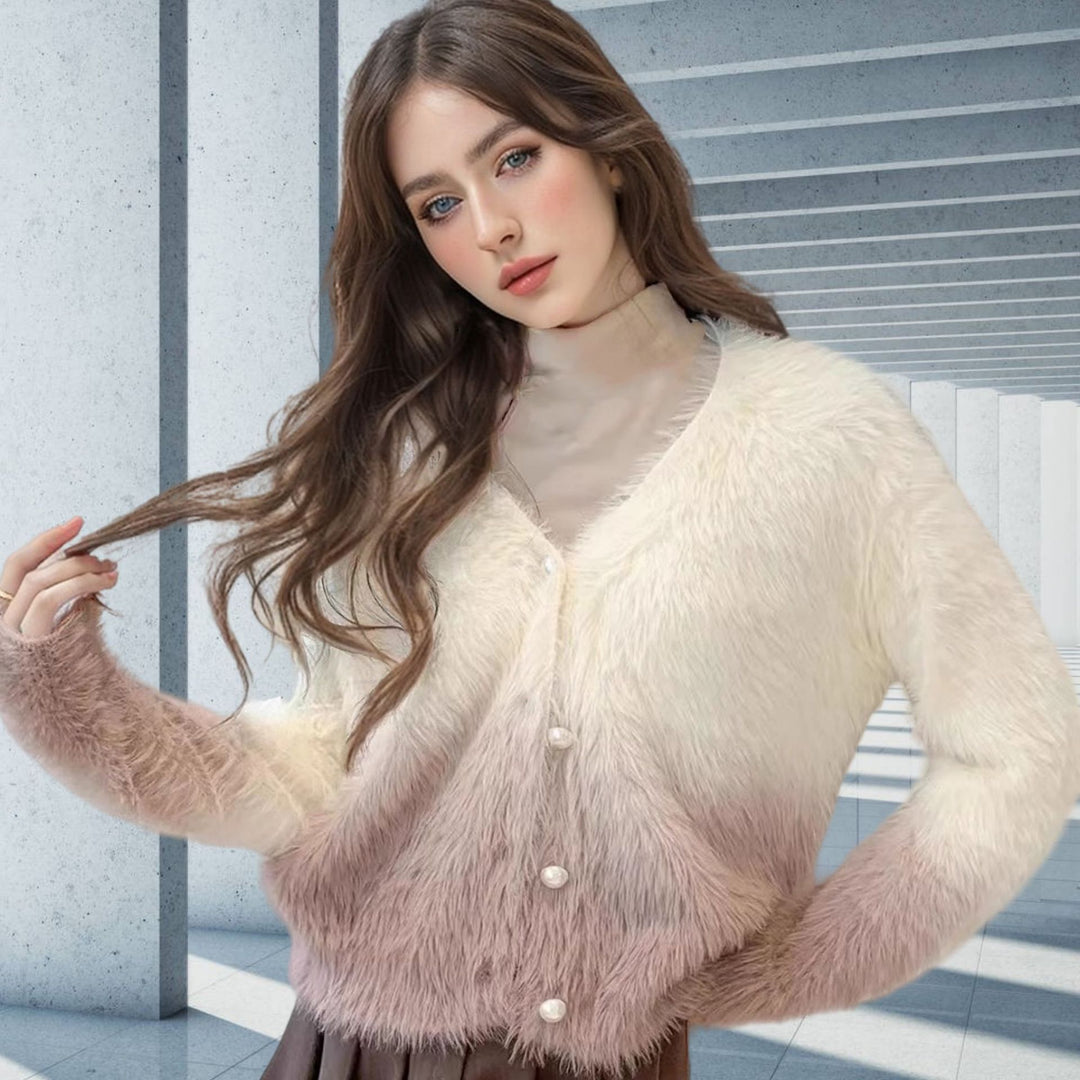 Damen modischer Strickcardigan mit elegantem Kunstfell und Knopfleiste EB