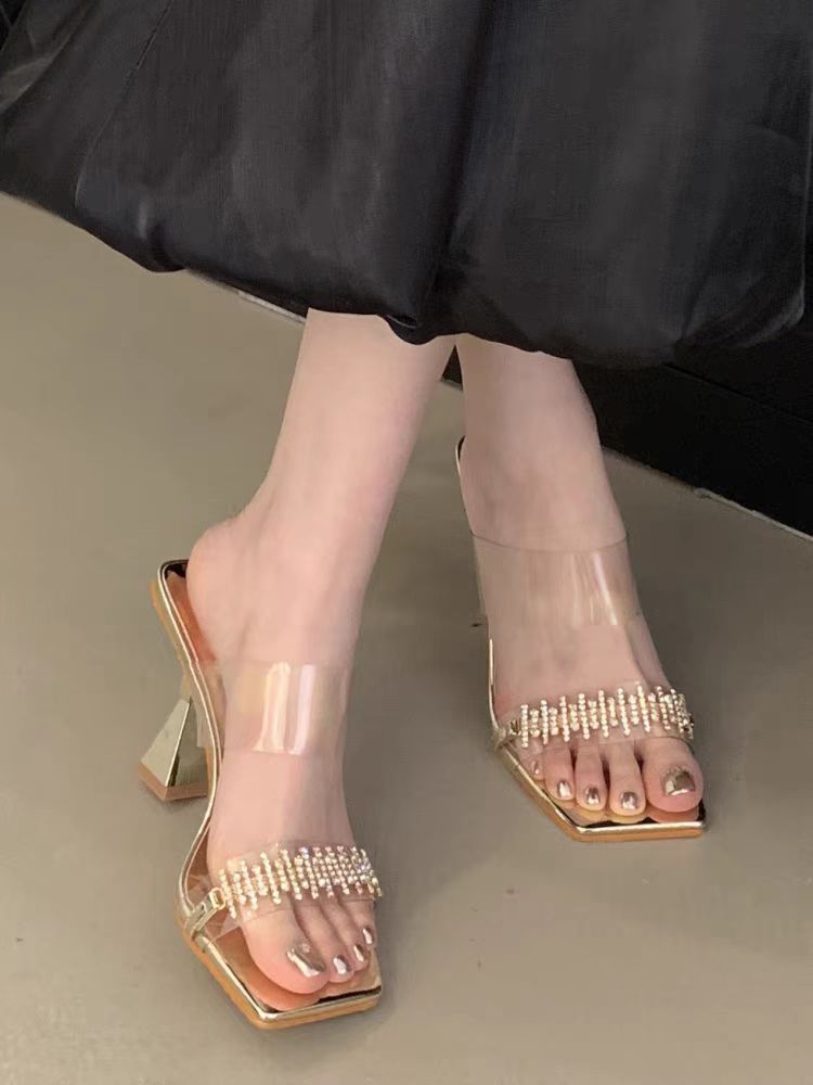 Damen elegante bequeme Sandalen mit transparentem Riemen und Perlenakzenten EB
