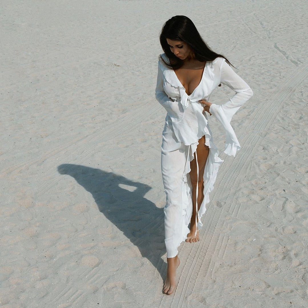 Damen Elegantes Strandkleid mit Rüschendetails und tiefem V-Ausschnitt EB