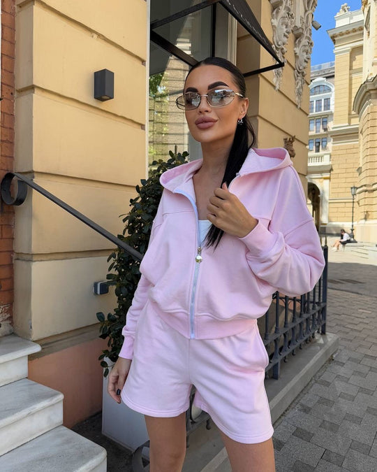 Damen lässiges Cropped Hoodie- und Shorts-Set mit praktischen Kordelzügen EB