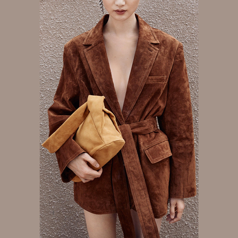 Damen Samt Blazerjacke mit Gürtel und eleganter Passform EB