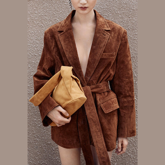 Damen Samt Blazerjacke mit Gürtel und eleganter Passform EB