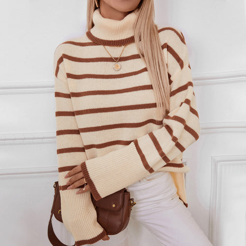 Damen modischer Rollkragenpullover mit breiten Streifen und lässigem Schnitt EB