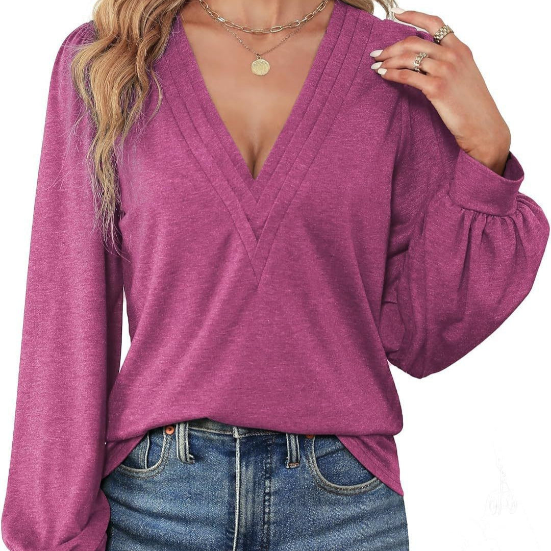 Damen Elegantes Blusenshirt mit V-Ausschnitt und puffförmigen Ärmeln EB