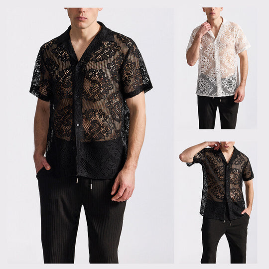 Herren Designer-Hemd aus transparentem Häkelmaterial mit floralem Muster EB