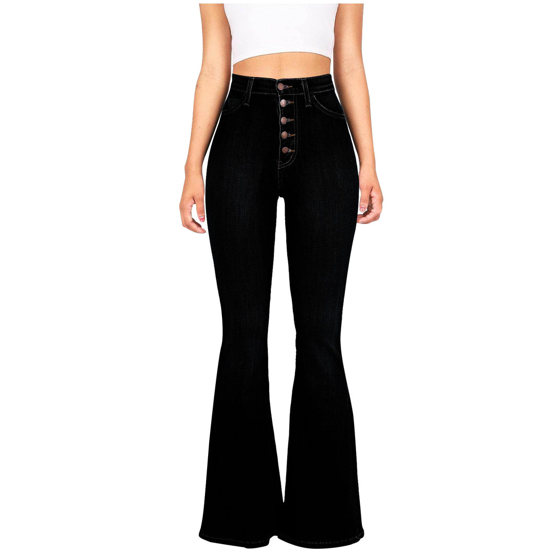 Damen nan Highwaist-Jeans mit ausgestelltem Schlag, taillierter Passform und dekorativer Knopfleiste EB
