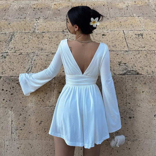 Damen elegantes Kleid mit tiefem V-Ausschnitt und langen Ärmeln EB