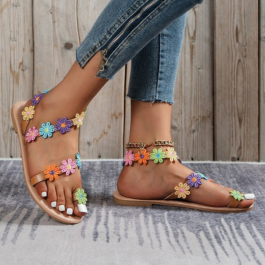 Damen Sommer Sandalen mit buntem Blüten-Design und rutschfester Sohle EB