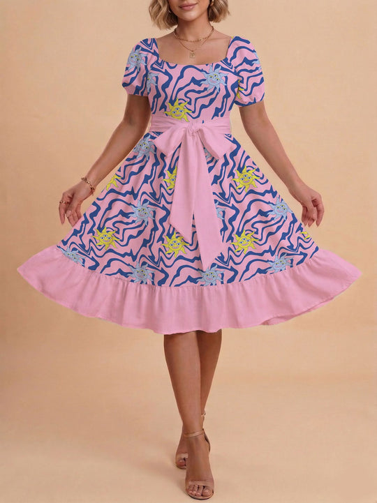 Damen Retro Maxikleid mit Puffärmeln und Taillengürtel EB