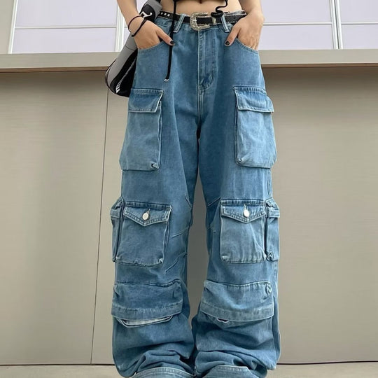 Damen weit geschnittene Cargo-Jeans mit mehreren Taschen und entspannter Passform EB