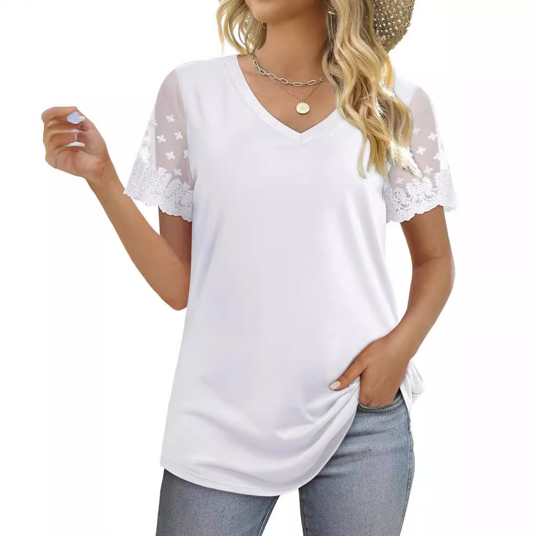 Damen Bluse mit eleganten Spitzenärmeln und V-Ausschnitt EB