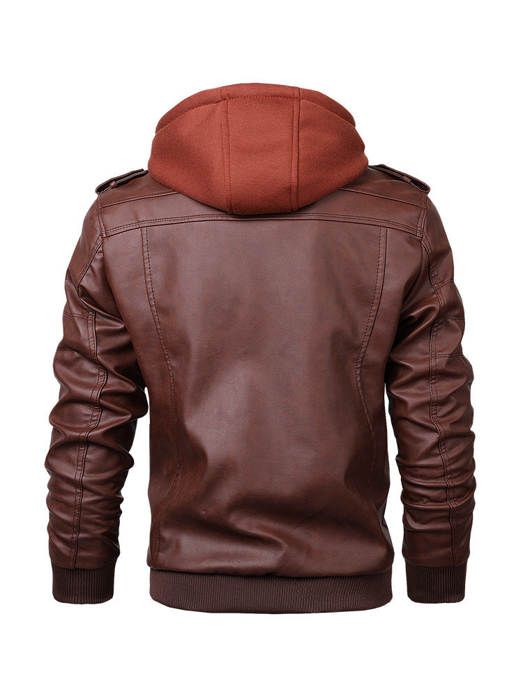 Herren Kunstleder-Bomberjacke mit Kapuze Fleece-Innenfutter und Multifachtaschen EB