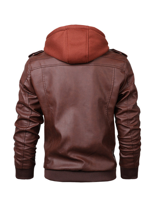 Herren Kunstleder-Bomberjacke mit Kapuze Fleece-Innenfutter und Multifachtaschen EB