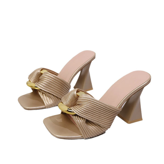 Damen elegante Mules mit dekorativen Knoten und hochwertigem Blockabsatz EB