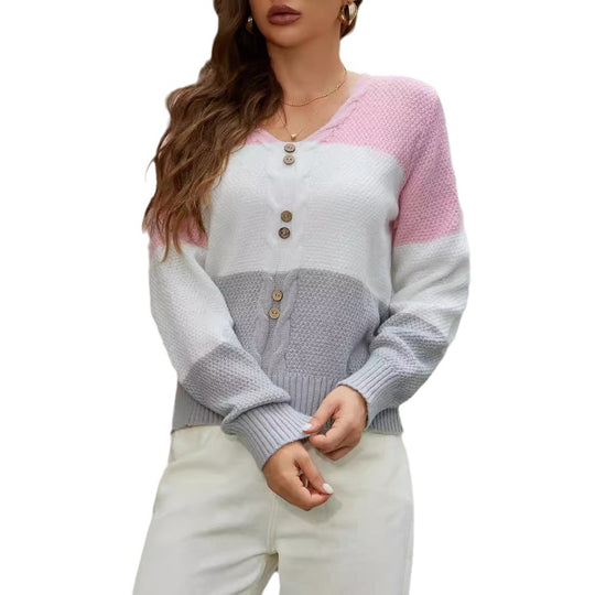 Damen Strickjacke mit modernem Farbblockdesign und luxuriösem Knopfverschluss EB