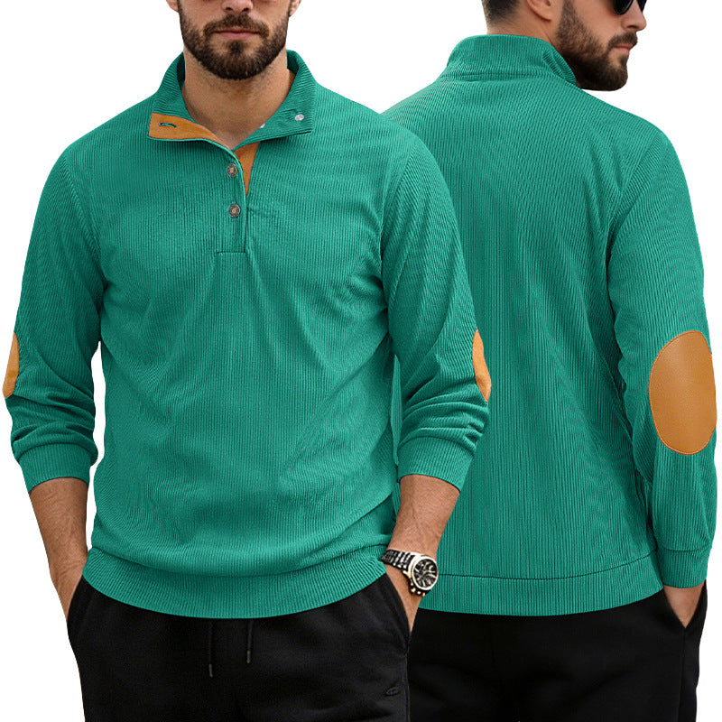 Herren nan lässiger Strukturpullover mit Polokragen, kurzer Knopfleiste und veganen Lederbesätzen EB