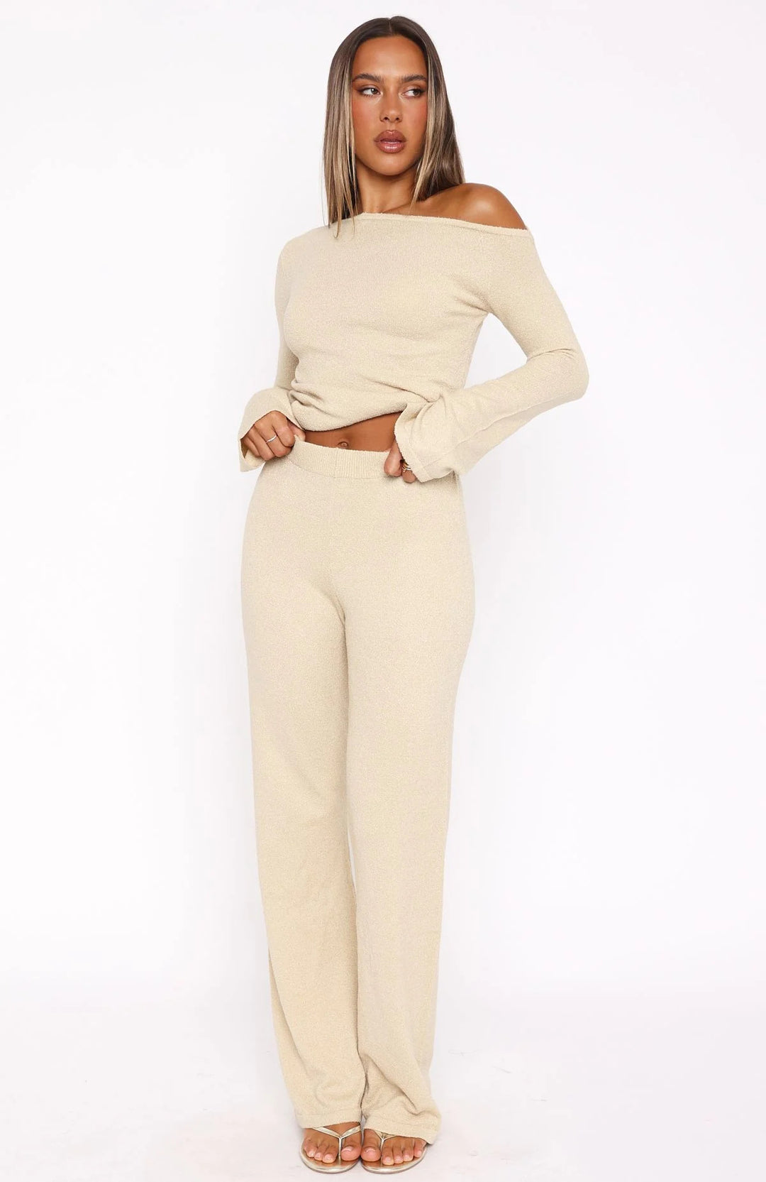 Damen Zweiteiliges Strick-Loungewear-Set mit Carmen‑Ausschnitt und weitem High‑Waist‑Hosenbein EB