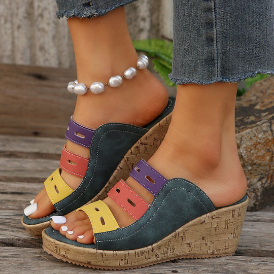 Damen modische Wedge-Pantoletten mit farbigen Trägern und komfortabler Sohle EB
