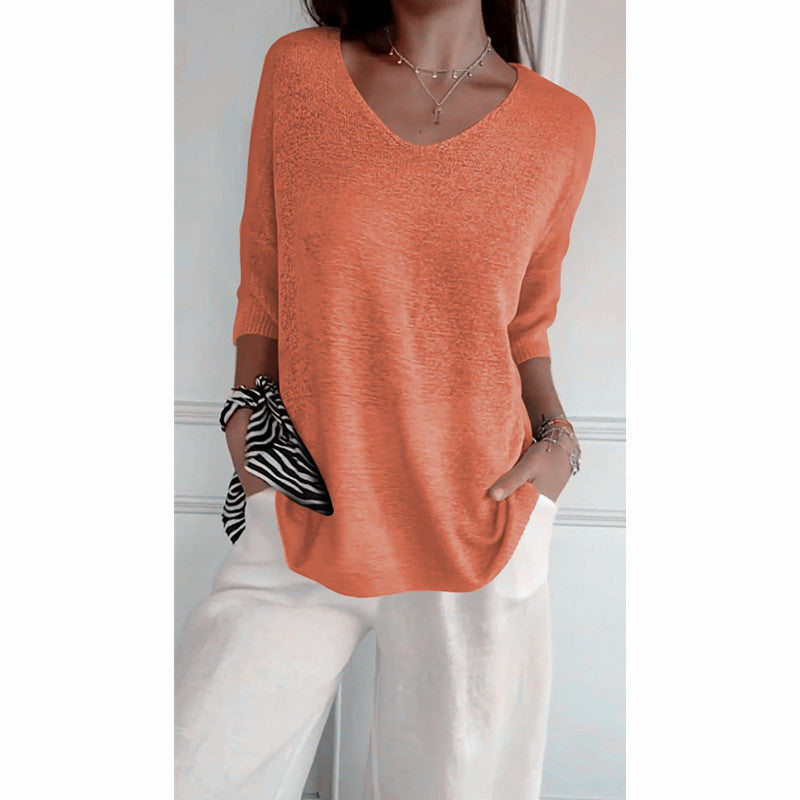 Damen nan locker sitzender V-Ausschnitt Feinstrickpullover mit dreiviertelÄrmeln EB