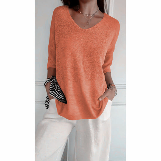 Damen nan locker sitzender V-Ausschnitt Feinstrickpullover mit dreiviertelÄrmeln EB
