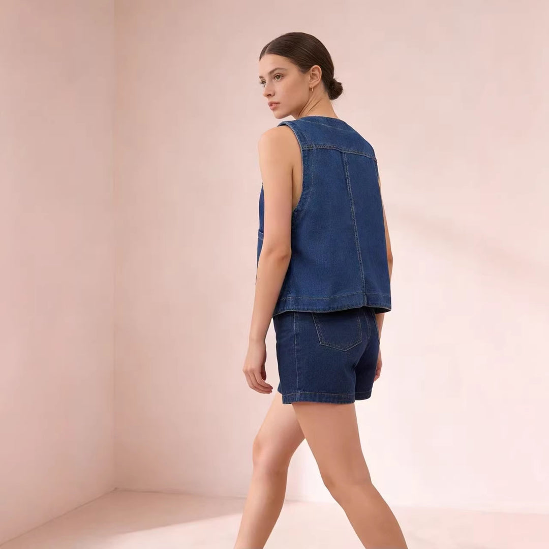 Damen lässige Denim-Weste mit Knopfdetails und aufgesetzten Taschen EB