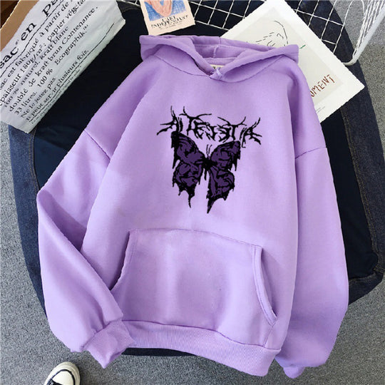 Damen nan Oversize-Kapuzenpullover mit gothischer Schmetterlings-Illustration und Kängurutasche EB