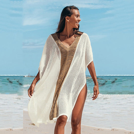 Damen Strandkleid mit romantischem Häkelmuster und voluminösen Ärmeln EB