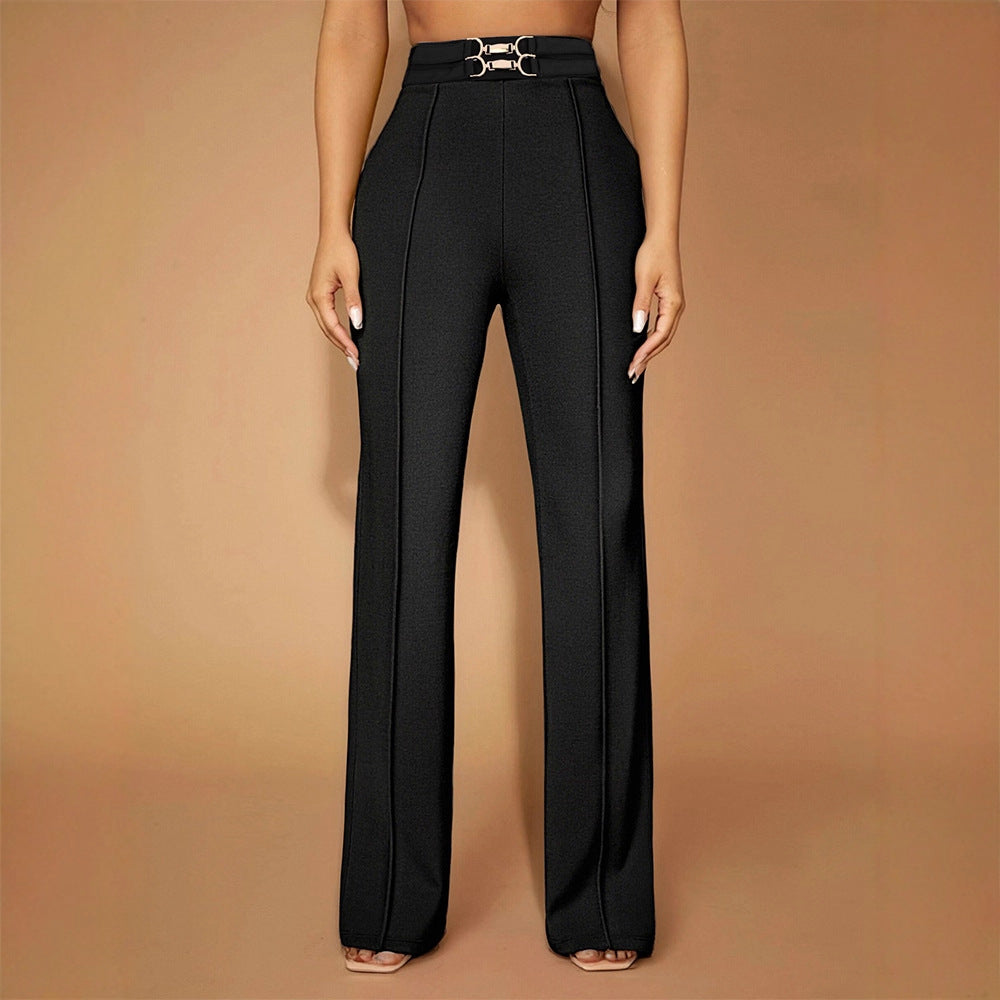 Damen Elegante High-Waist-Hose mit modischem Doppelschnallen-Detail EB