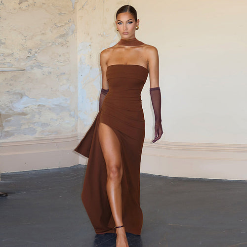 Damen Elegantes Trägerkleid mit seitlicher Drapierung und hochgeschlossenem Ausschnitt EB