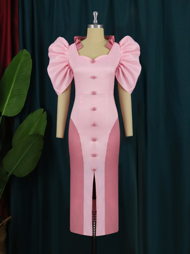 Damen Cocktailkleid mit voluminösen Puffärmeln und elegantem Schlitz EB