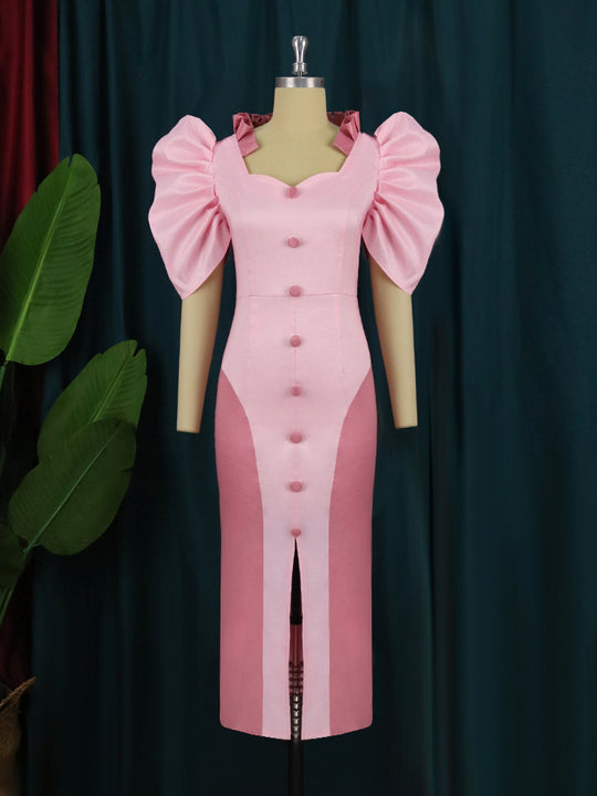 Damen Elegantes Maxikleid mit voluminösen Puffärmeln und Knopfdetails EB
