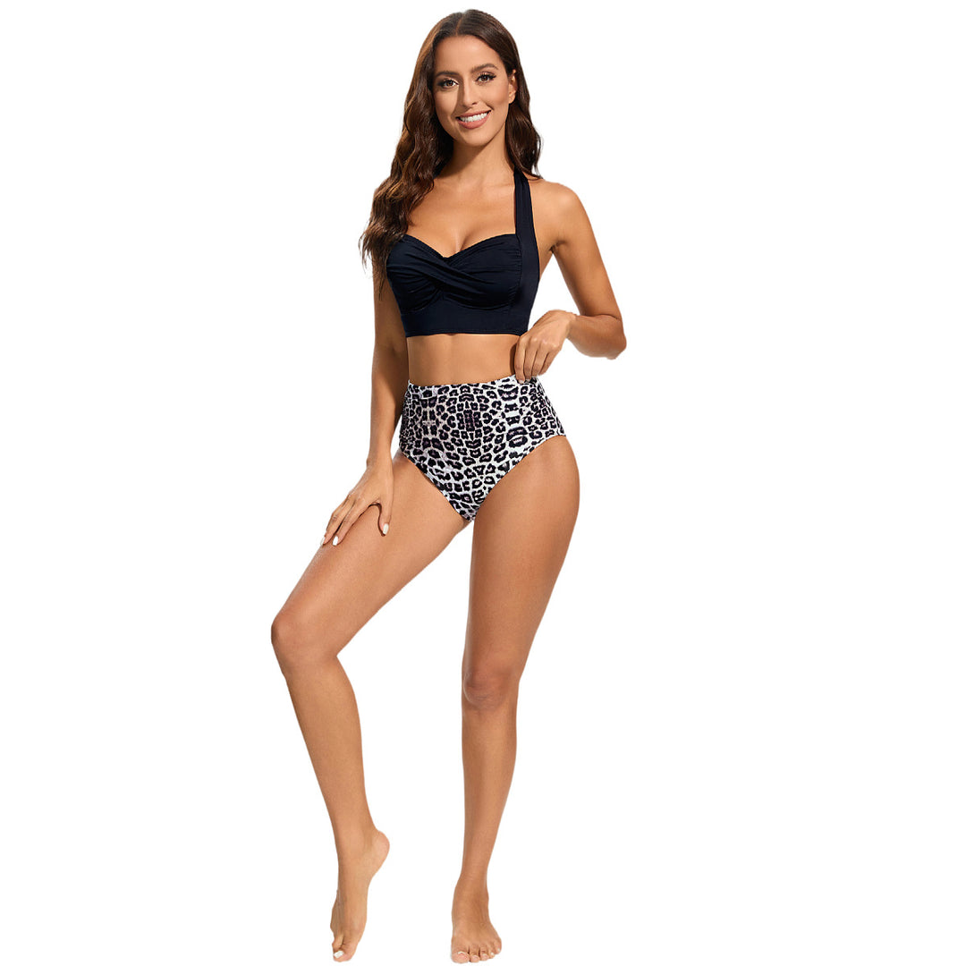 Damen Hochtailliertes Bikini-Set mit gepolstertem Top und Leopardendesign EB