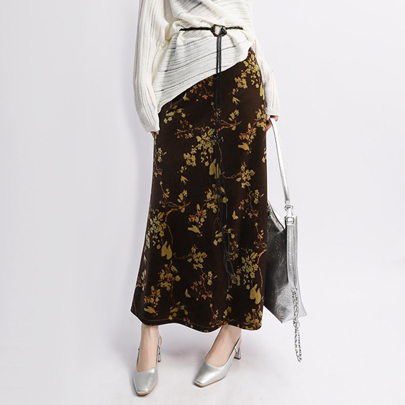 Damen  A-Linien Maxi-Rock aus Samt mit floraler Burnout-Optik und elastischem Komfortbund EB