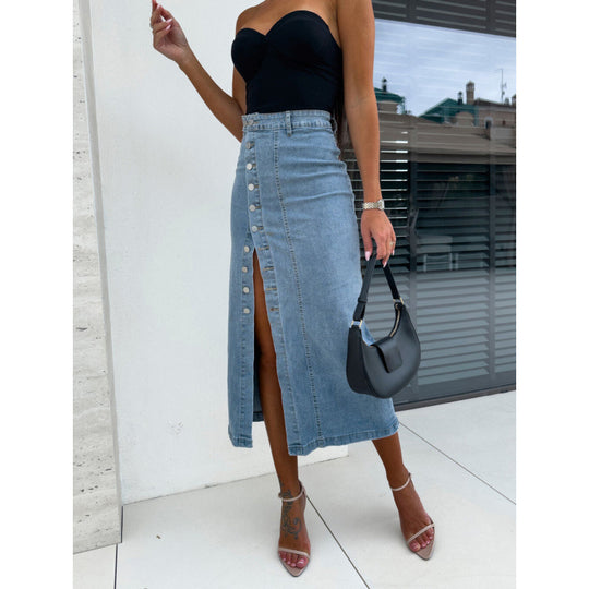 Damen Denim-Midirock mit seitlichem Schlitz und Knopfdetails EB