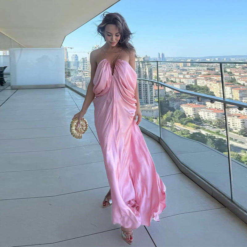 Damen Elegantes Maxikleid mit fließendem Satin und Spaghettiträgern EB